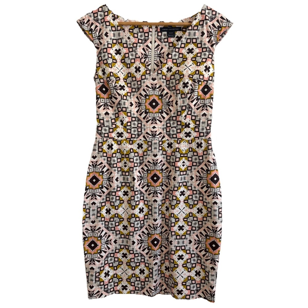 French Connection Electric Mosaic Dress Size UK 12 US 8 Pink Geometric Sheath
